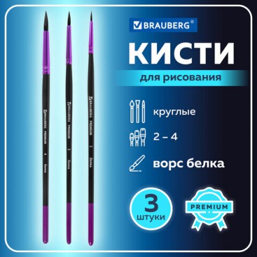 Кисти BRAUBERG PREMIUM, набор 3 шт. (беличьи круглые № 2, 3, 4), блистер, 201020