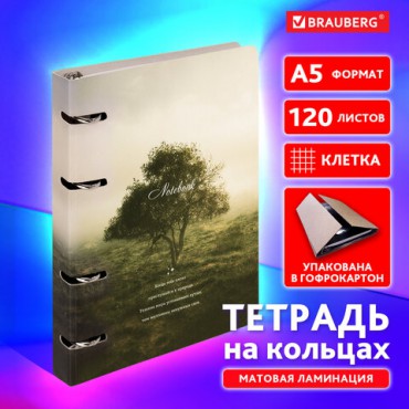 Тетрадь на кольцах А5 160х212 мм, 120 листов, картон, матовая ламинация, клетка, BRAUBERG, "Nature", 404728