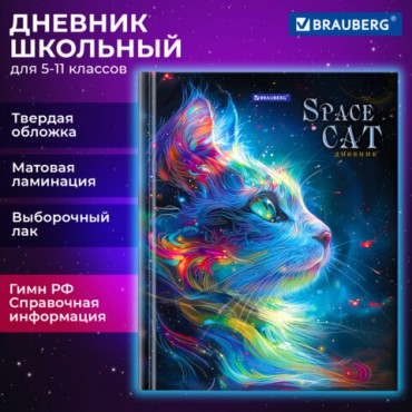 Дневник 5-11 класс 48 л., твердый, BRAUBERG, выборочный лак, с подсказом, "Волшебный кот", 107197